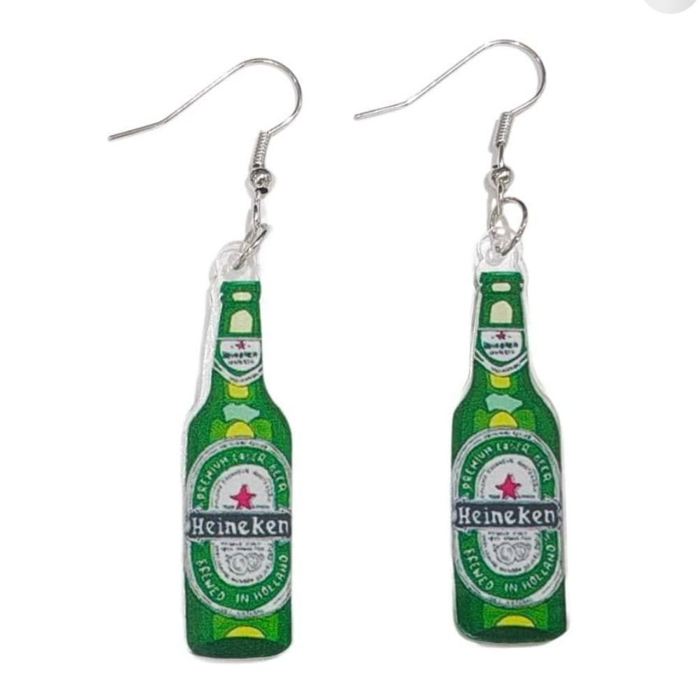 Heineken Earrings -NEW- fishhook backs - acrylic drop earrings Sealed in package